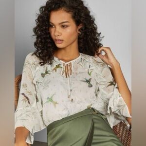 Ted Baker Lassii Fortune-Print Top Sheer Hummingbird Print Ruffle Flutter Blouse